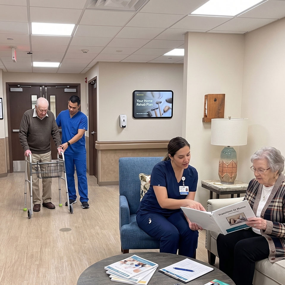 Nurses help elderly man with walker, another reviews documents.