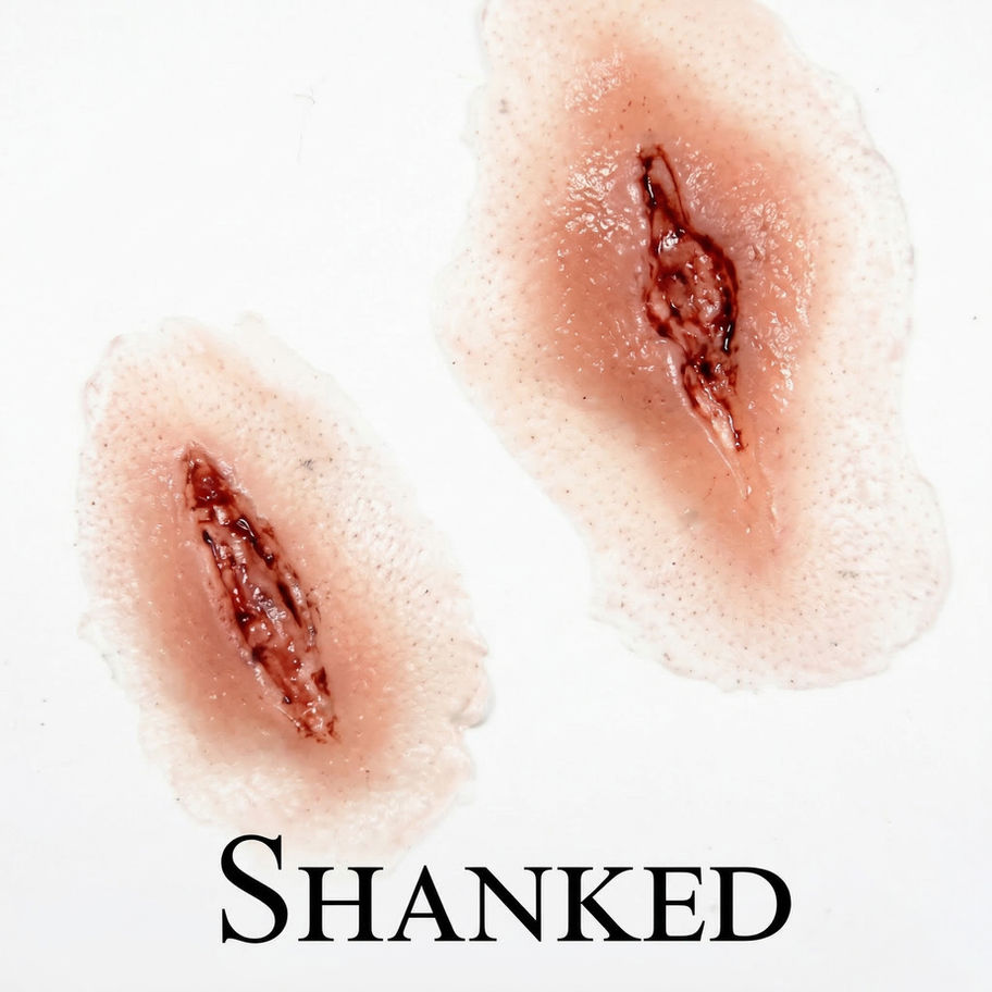 Two realistic simulation deep cut wounds labeled 'SHANKED'