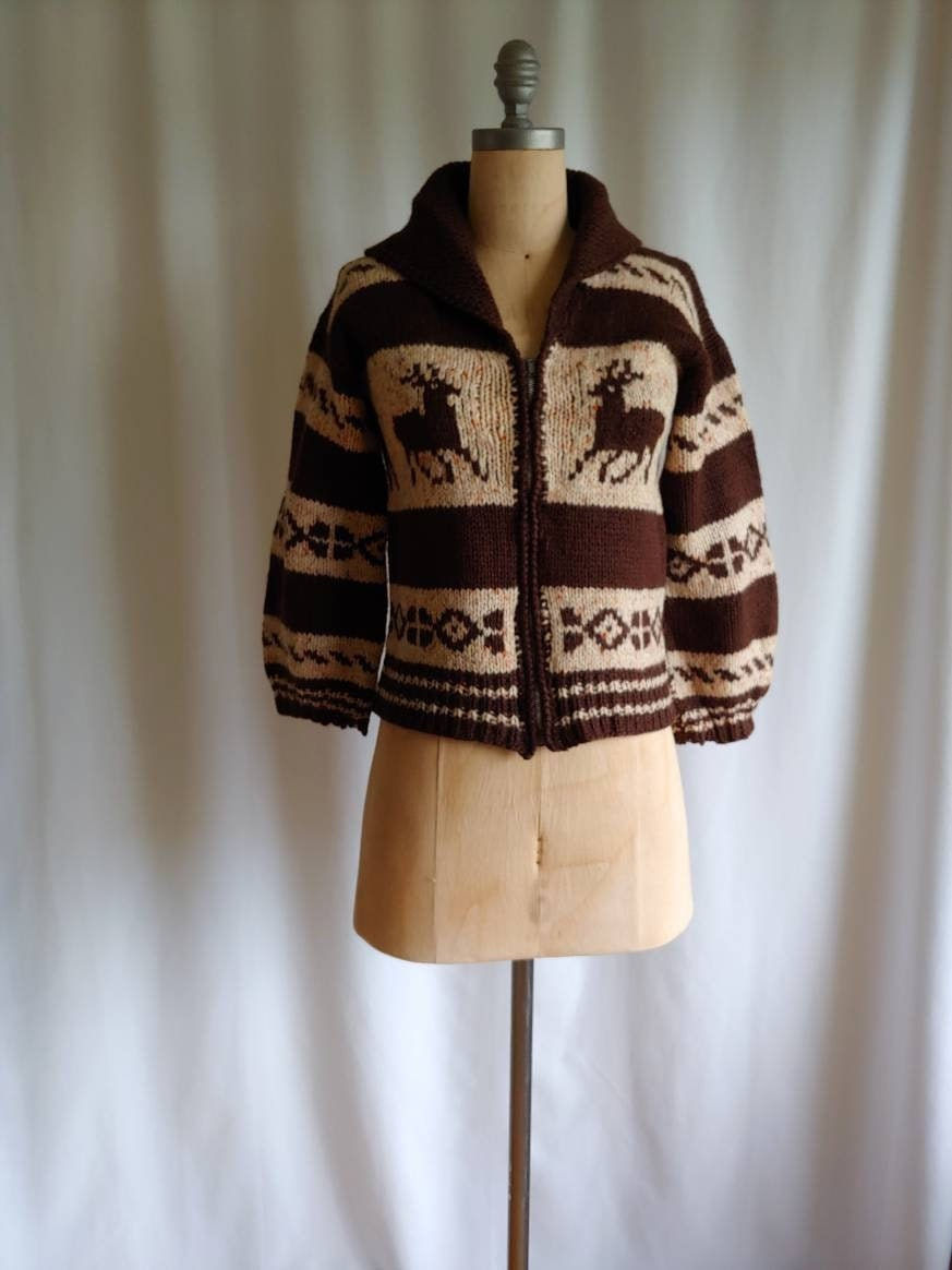 1940s cowichan sweater wool reindeer cardigan style with zipper xxs