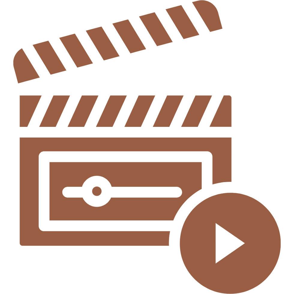Brown clapperboard icon with a circular play button for video content.