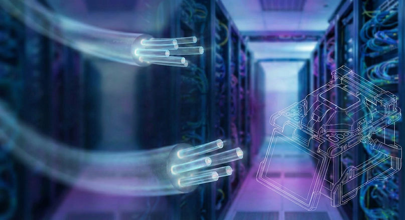 Fiber optics cables in Data Centers connected to servers in the hallway.