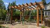Two workers installing a wooden pergola on a stone patio