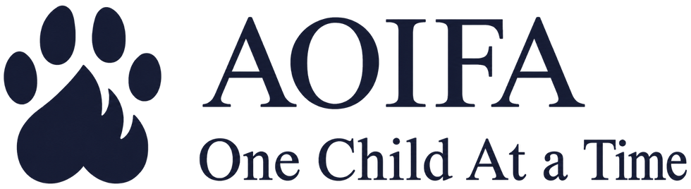 AOIFA's logo with paw print and 'One Child At a Time' text in navy blue