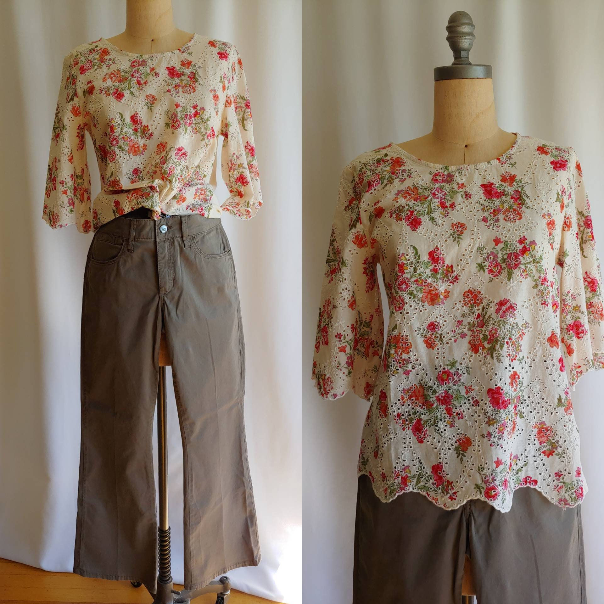 Broderie Anglaise blouse floral cotton UK 10 Eur 38