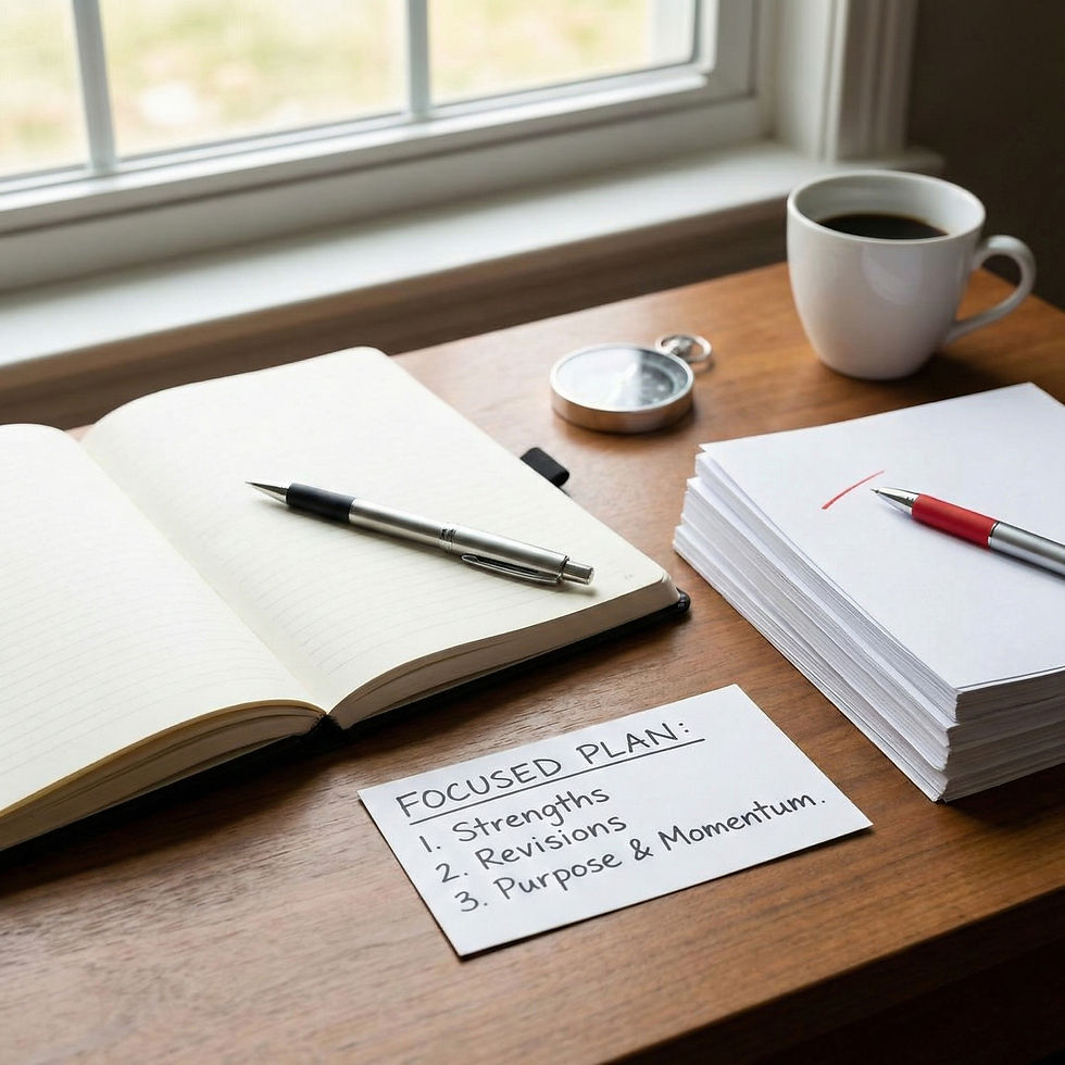 Workspace with FOCUSED PLAN card, open notebook, coffee cup, and papers.