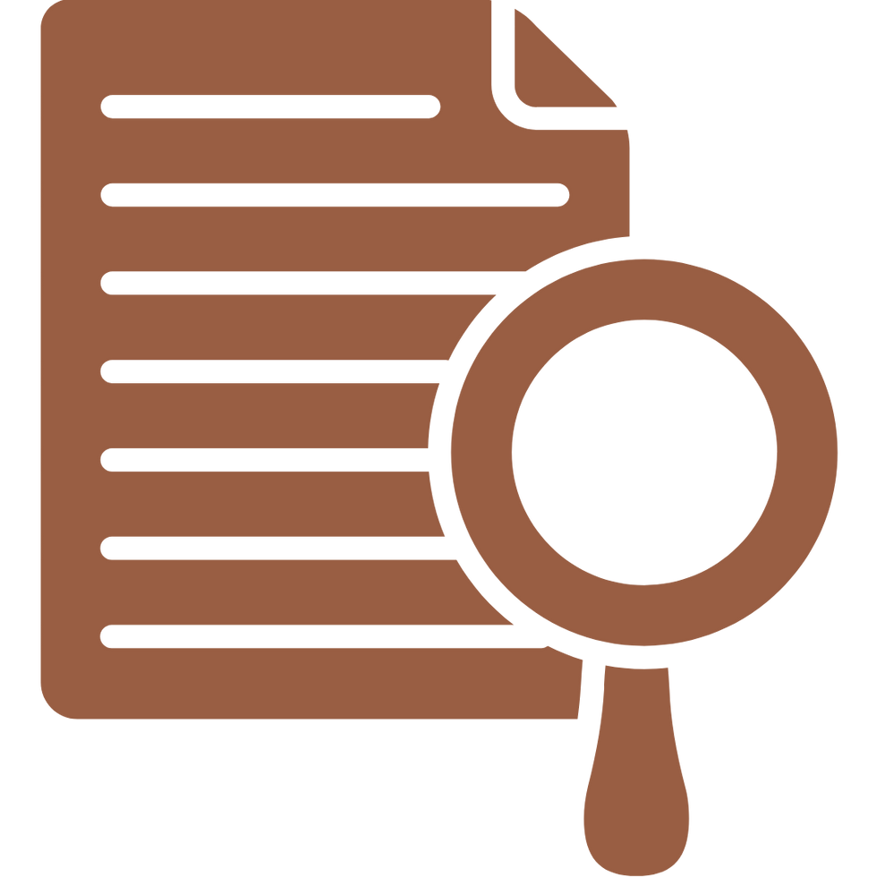 Brown document and magnifying glass icon for search functionality.