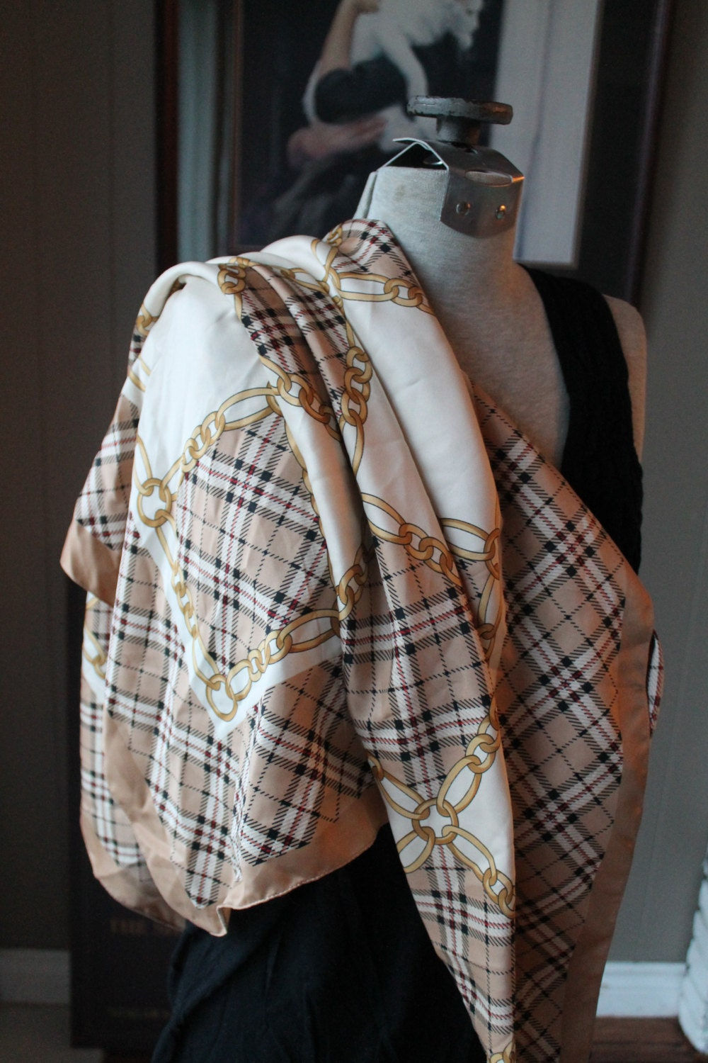 60s Heraldic Plaid Silky Scarf, Tan and black, Gold Chain 35 Inches square