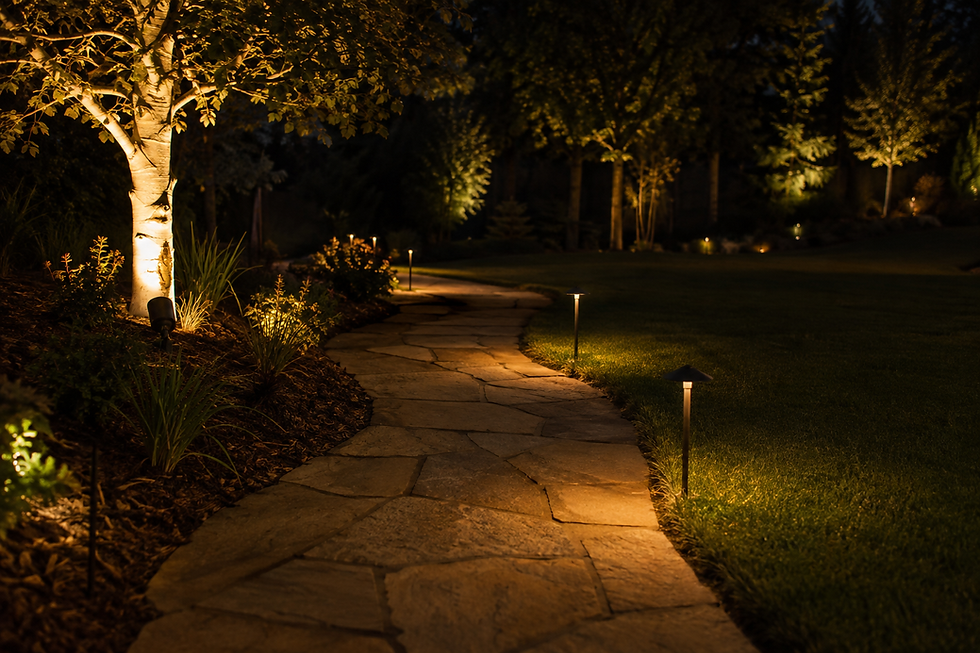 Stone walkway illuminated by outdoor lighting at night
