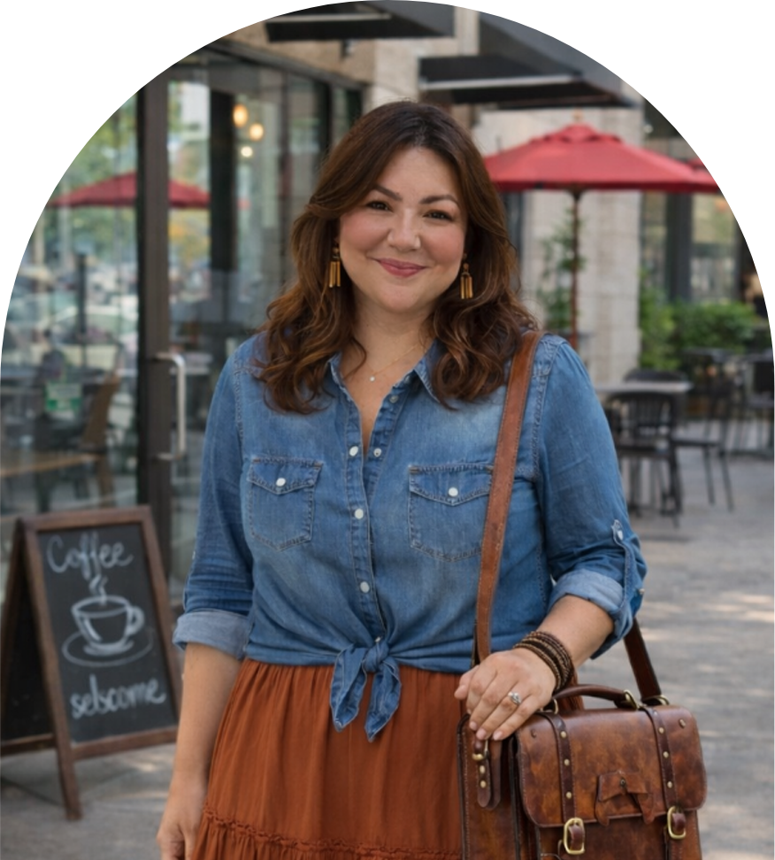 Anna Armendariz smiling and wearing a denim shirt, "Coffee & scheme" sign, outdoor cafe.