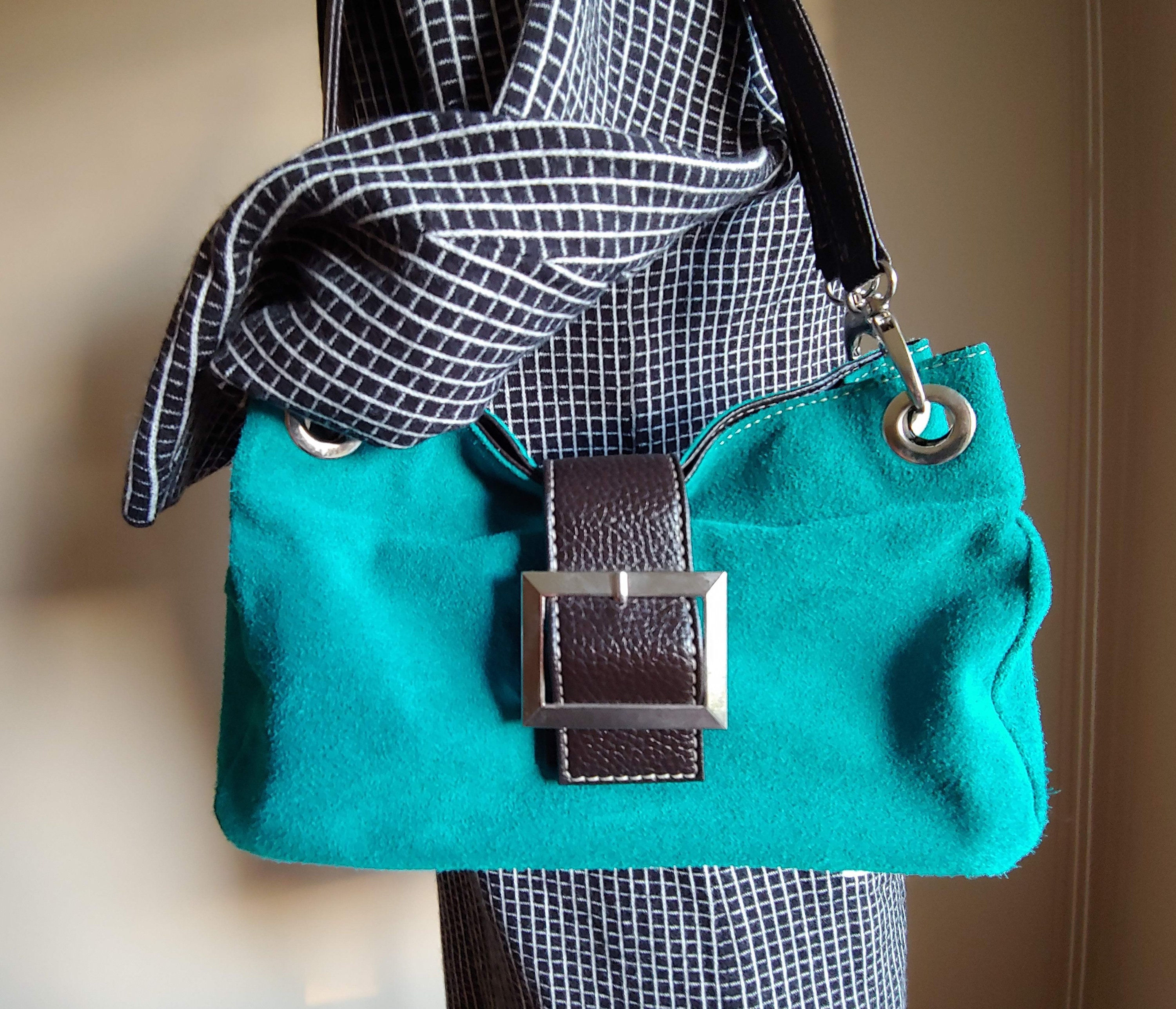 90s Italian Suede Leather Handbag Purse Buckle Shoulder Bag Clutch Teal Blue Gre