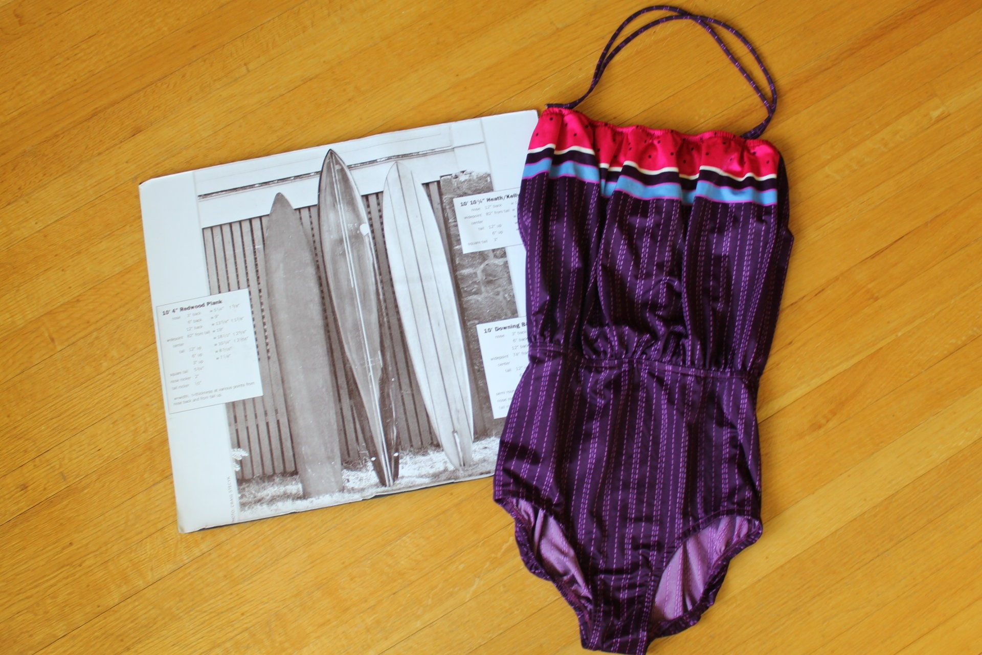 60s Bathing Suit, One Piece Purple and pink with blue Blouson style suit, Size M