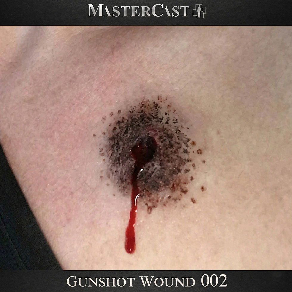 Simulated gunshot wound with blood