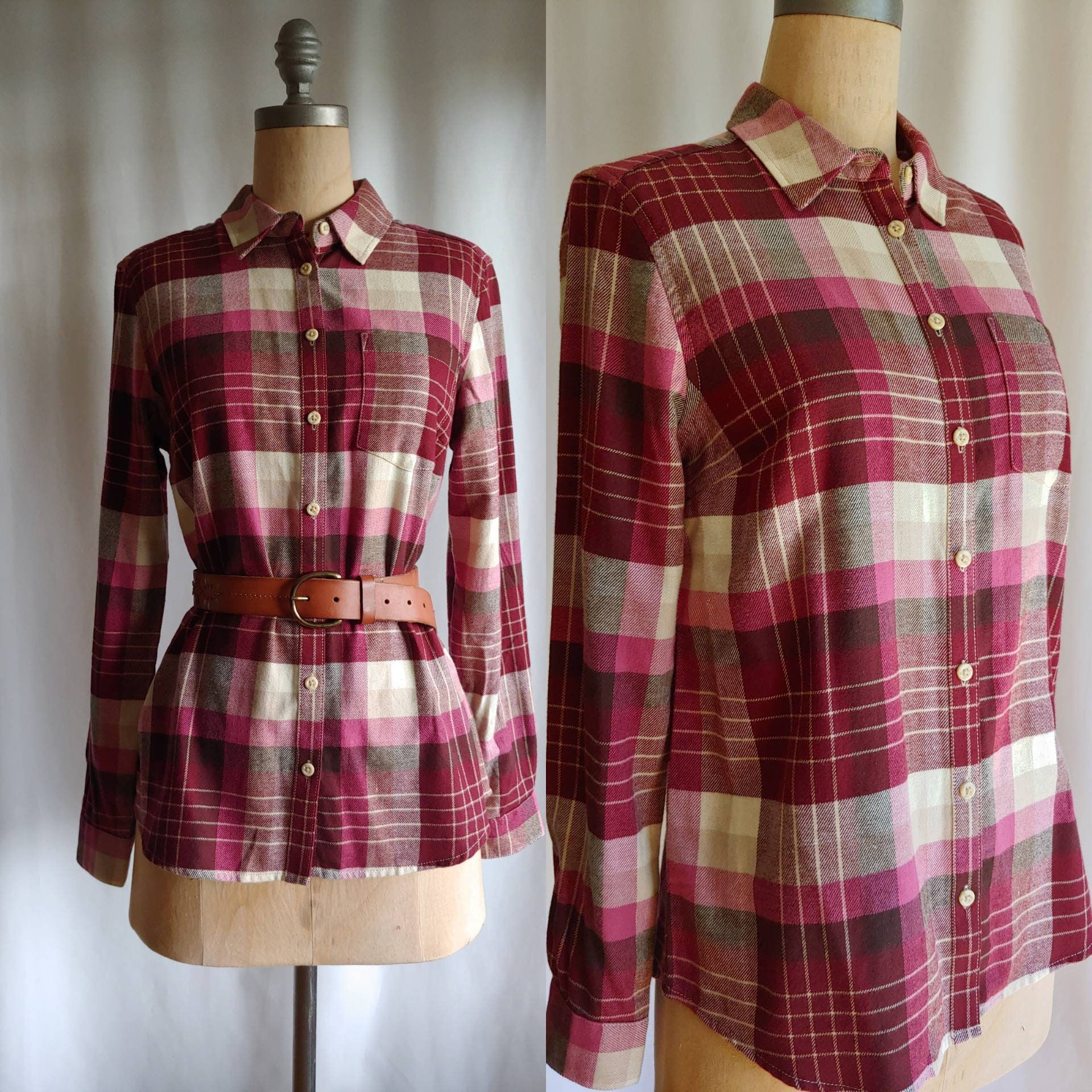 Cotton flannel shirt button up camping outdoor plaid checked small medium