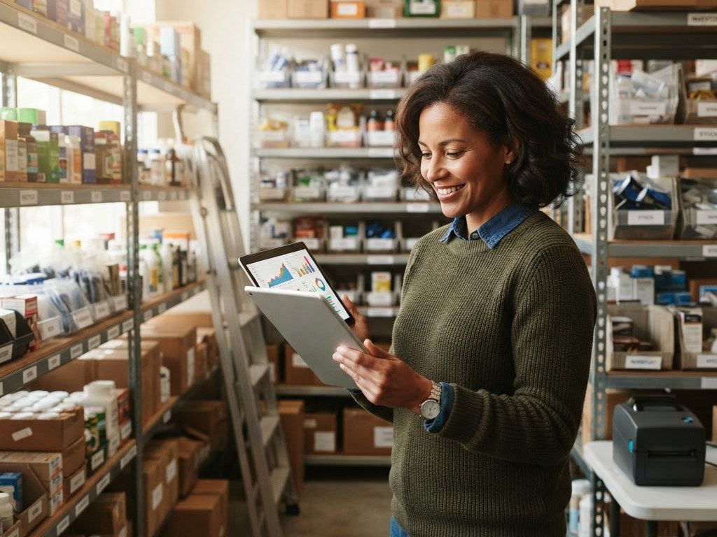 Retail store owner reviewing financial charts on a tablet in a stockroom to manage a business line of credit for inventory.