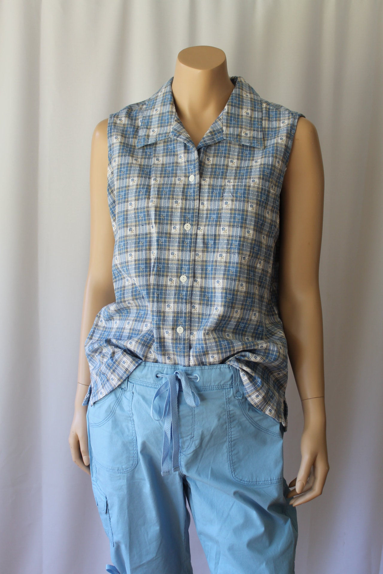 Vintage India Woven Heavy weight cotton Cabin Creek Textured Blue Plaid Madras S