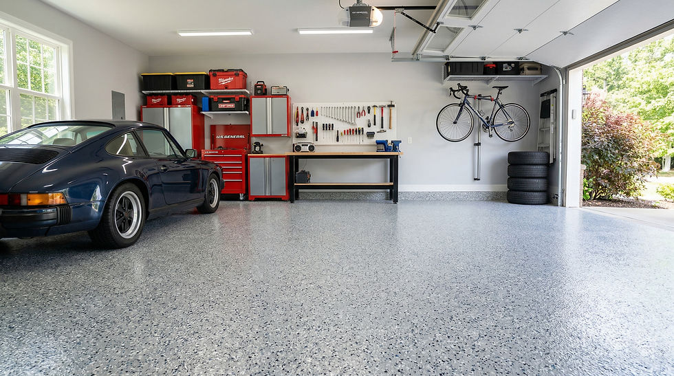 Decorative flake epoxy garage floor with textured slip-resistant surface