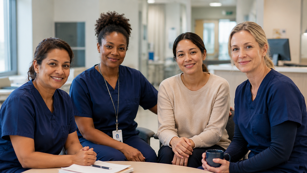 Three healthcare professionals and a woman smiling