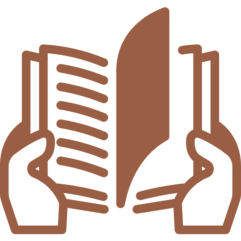 Stylized brown open book icon for reading and knowledge.