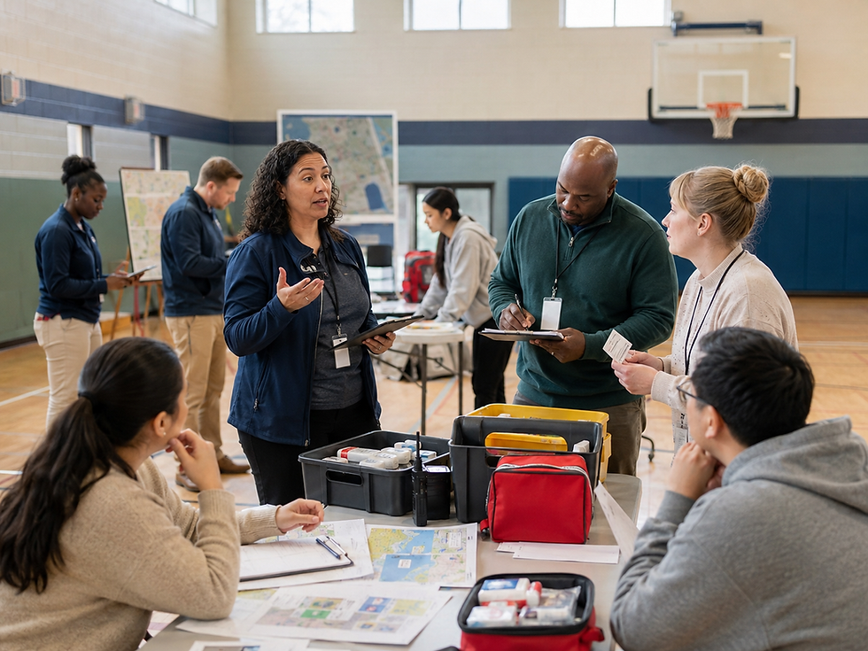 Diverse team discusses plans in a gym with maps and supplies.
