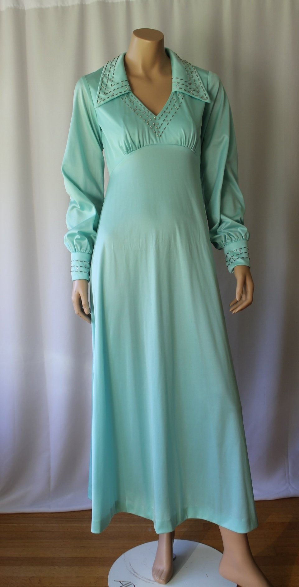 70s disco maxi dress silky sheen beaded aqua poet dagger collar small