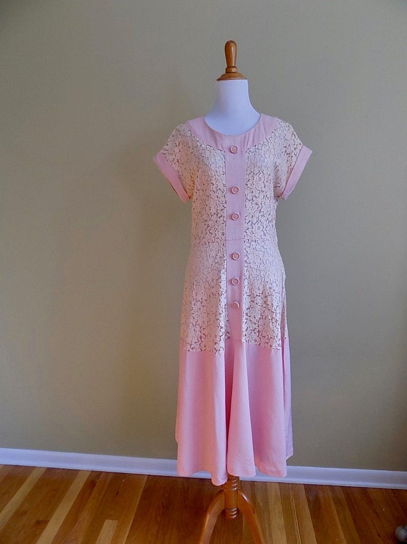 1930s linen party dress pink and peach guipere lace Mitchell Frocks midi large