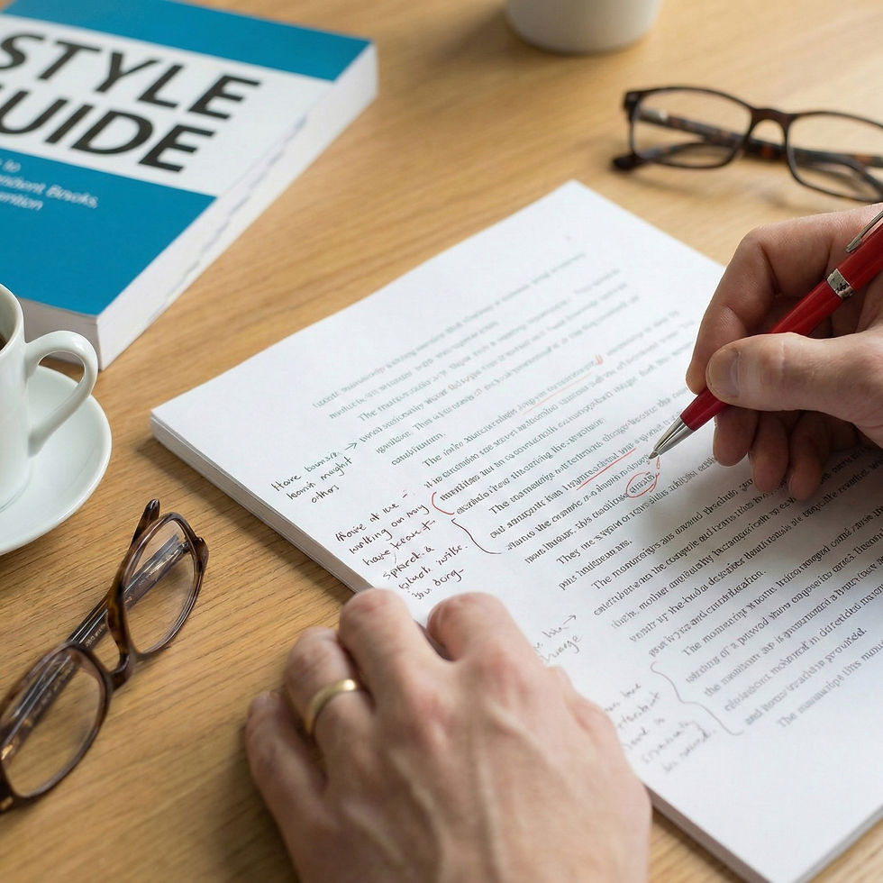 Hands performing line edit on document with red pen, STYLE GUIDE book.