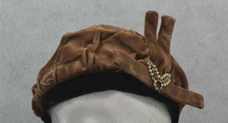 Art Deco 40s velvet hat chocolate brown Valerie Modes velvet tan black tam beret