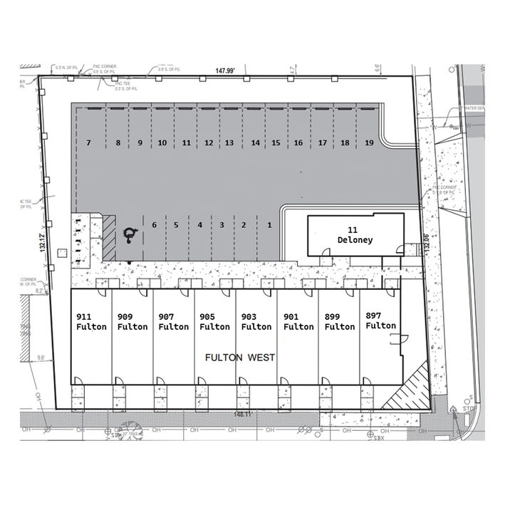 Floor plan with units labeled, showing Fulton Street. Townhomes Gr.