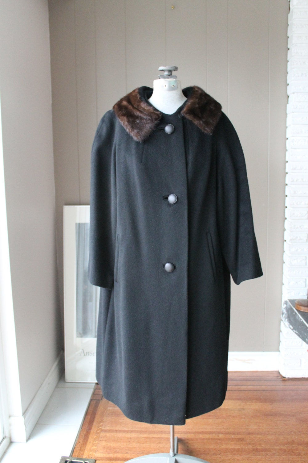50s 60s Cashmere Coat Mink Collar Black Wool Coat Mint