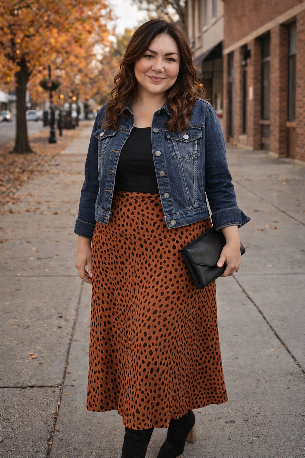 Anna Armendariz in denim jacket, orange midi skirt, black clutch, autumn street.