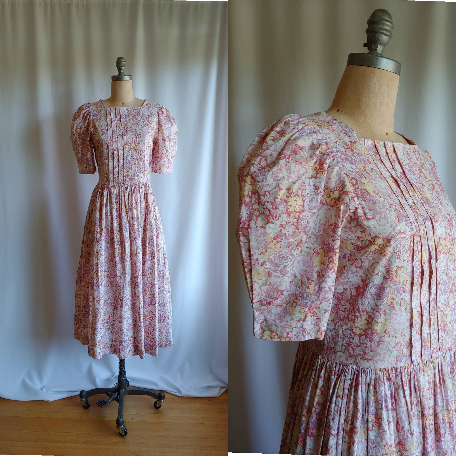 Laura Ashley floral cabbage rose cotton dress with pintucked bodice and puffed s