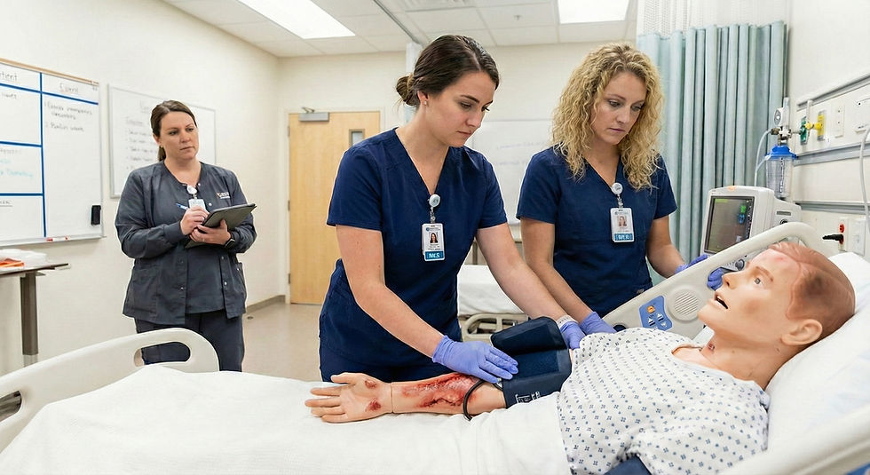 group of students applying moulage to mannequin