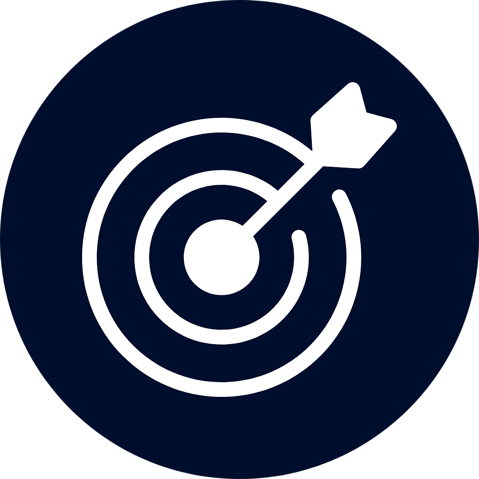 White target icon with arrow hitting bullseye on dark blue background.