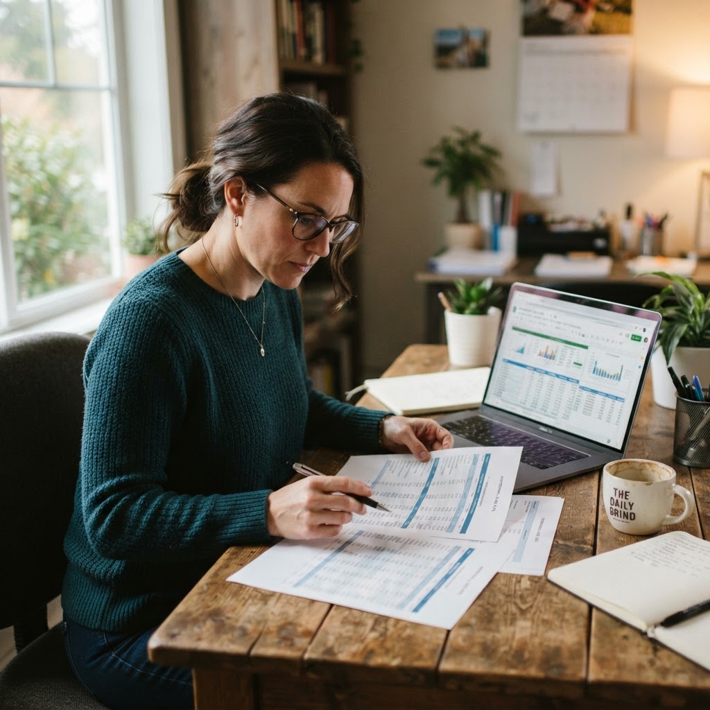 A business owner reviewing loan documents for a business loan interest tax deduction at a desk.
