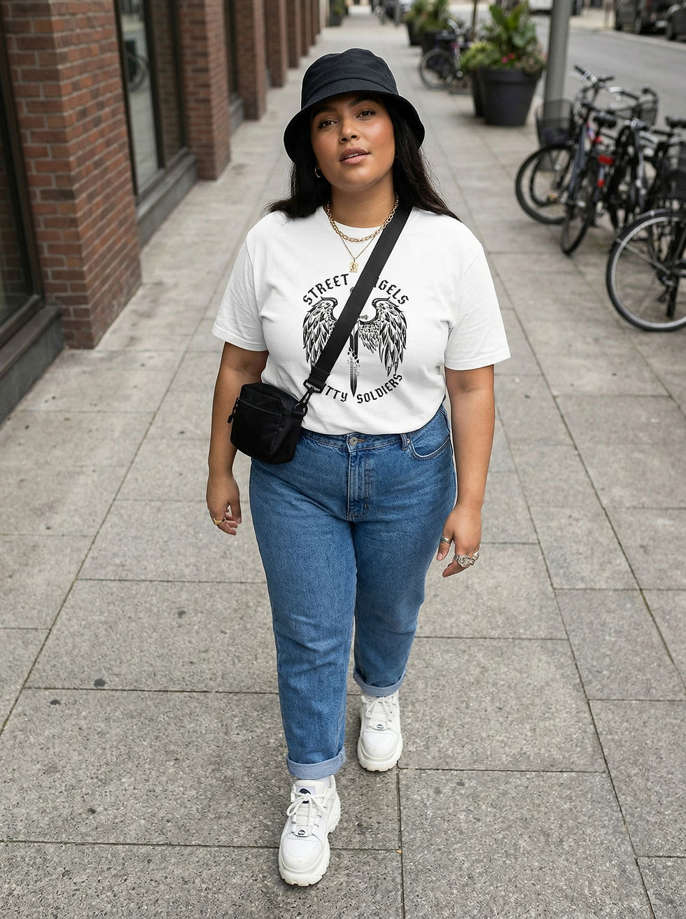 Woman in a black hat and white tee with "Street Angels" text walks on a city sidewalk. She wears blue jeans, white sneakers, and carries a crossbody bag.