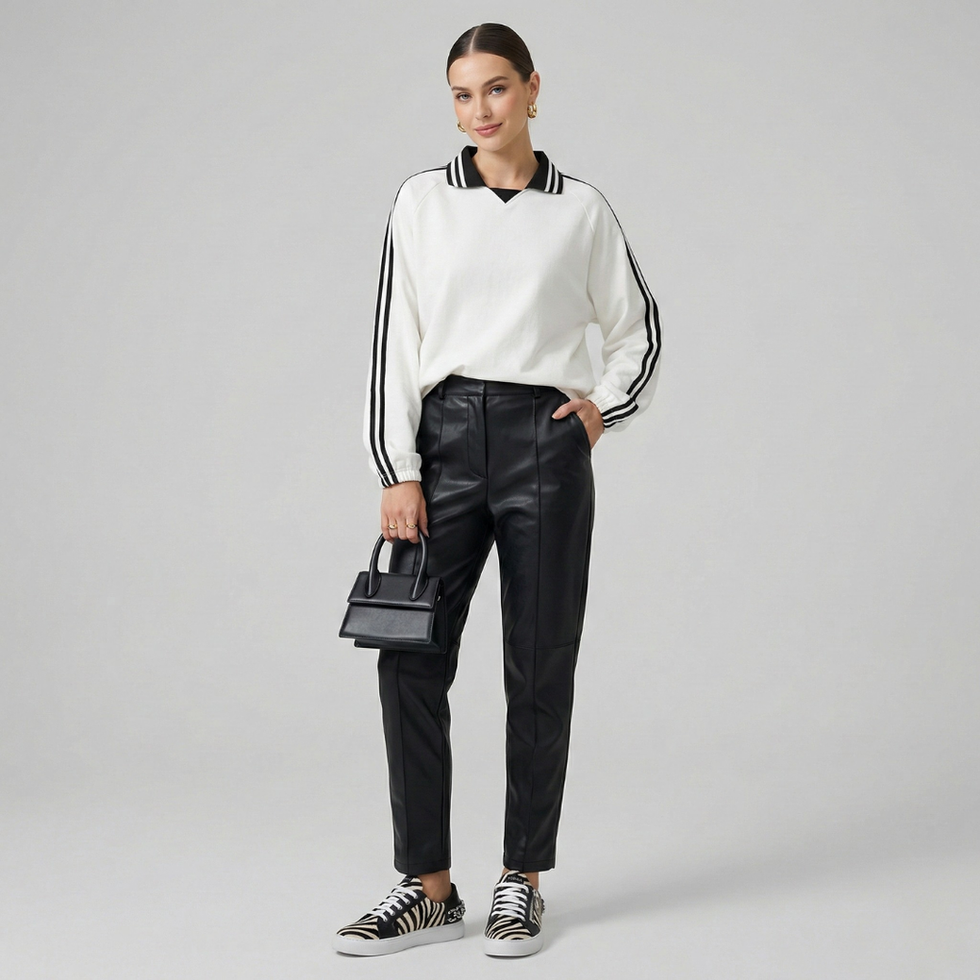 YESHUA Vero Coraggio Contrast Striped Lapel Collar Sweatshirt - White