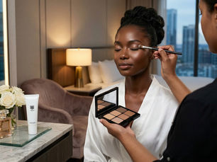 Woman in white robe getting makeup applied in a modern, softly lit room. Makeup palette and brush used; serene and focused mood.
