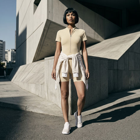 Woman in beige athletic romper and white sneakers stands by a modern concrete building in bright sun, looking serious.