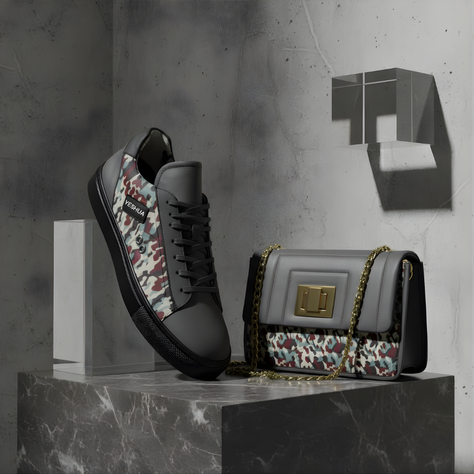 Gray sneaker and matching handbag with camouflage pattern and gold chain on marble surface, in front of a textured concrete wall.