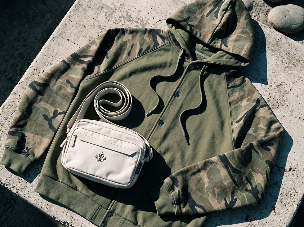 Flat lay view of streetwear items placed on a textured concrete surface, featuring an olive green hoodie with camouflage raglan sleeves and hood, paired with an off-white zippered crossbody bag displaying a black crest logo.