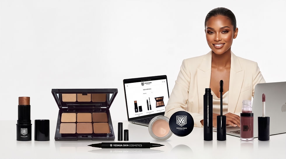 Smiling woman in cream blazer poses behind Yeshua Skin Cosmetics makeup products and laptop on a white studio background.