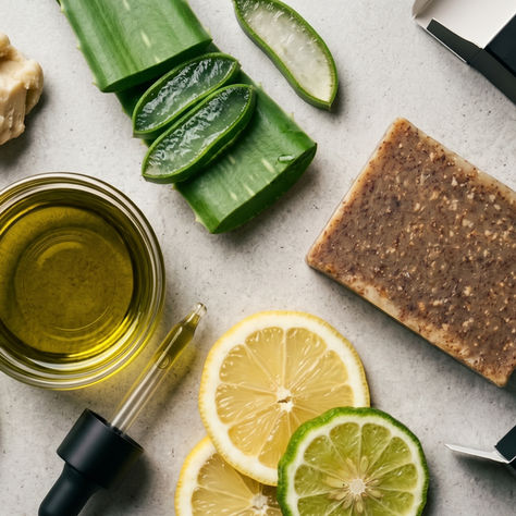 Flat lay of natural soap bars, aloe vera, lemon and lime slices, and oil dropper with Yeshua Skin packaging on stone background.