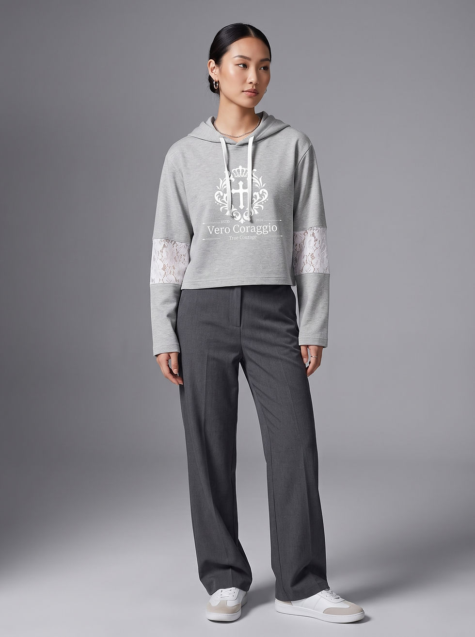 YESHUA Women’s Cropped Lace-Panel Hoodie