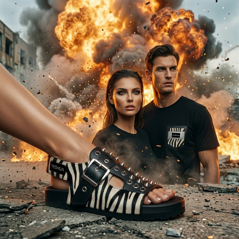 A man and woman in black shirts stand amid an explosion, focused and intense. A zebra-striped sandal with spikes is in the foreground.