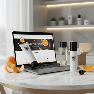 Laptop on marble table displays "GLOW FROM WITHIN" with skincare products and orange slices around. Shelves in blurred background. Bright, fresh vibe.
