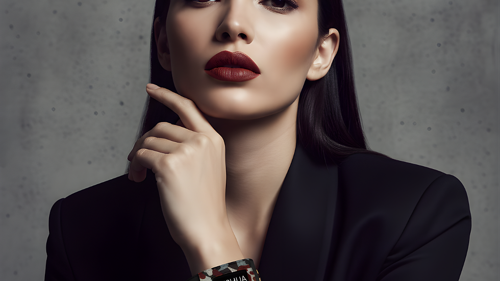 Woman in a black suit with red lipstick, hand on chin. Wearing a camo bracelet with "YESHUA" text. Gray textured background. Confident mood.