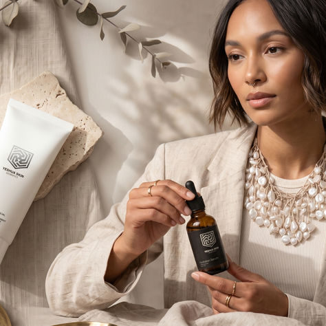 Woman in beige outfit holding Yeshua Skin serum beside a matching tube, styled in soft neutral studio light.