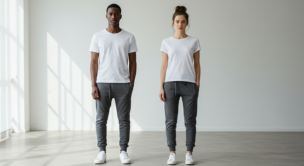 Two people standing in a bright room wearing white t-shirts, gray pants, and white sneakers. Minimalist setting, neutral expressions.