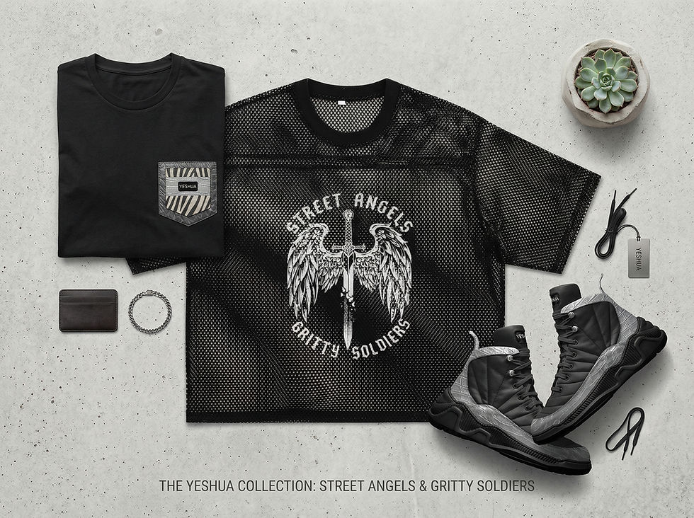 Black T-shirt with "Yeshua" pocket, mesh shirt with "Street Angels" design, black sneakers, tags, plant. Text: "The Yeshua Collection."