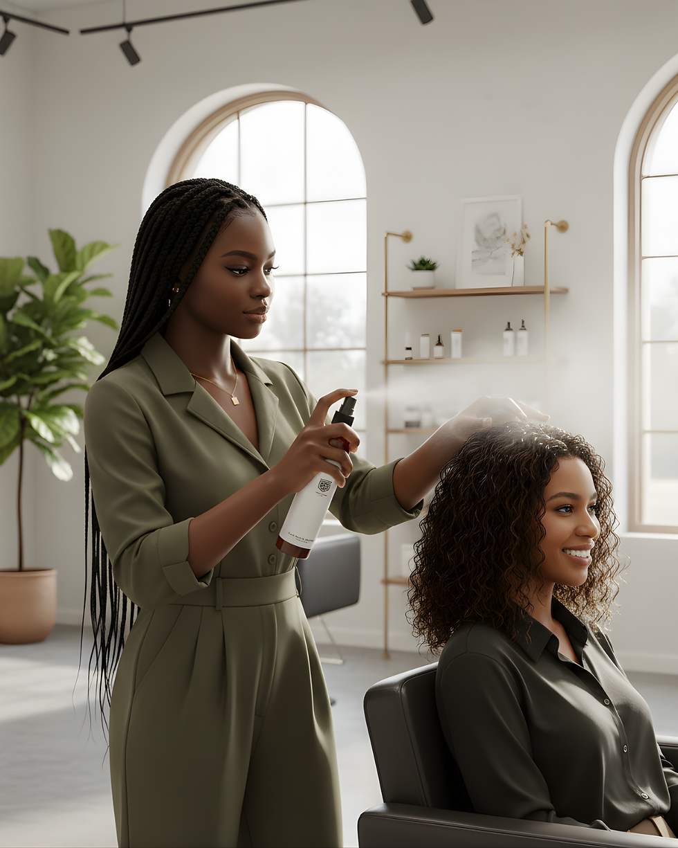Stylist sprays product on a client's curly hair in a bright salon. Both wear olive outfits. Shelves and plants in the background.